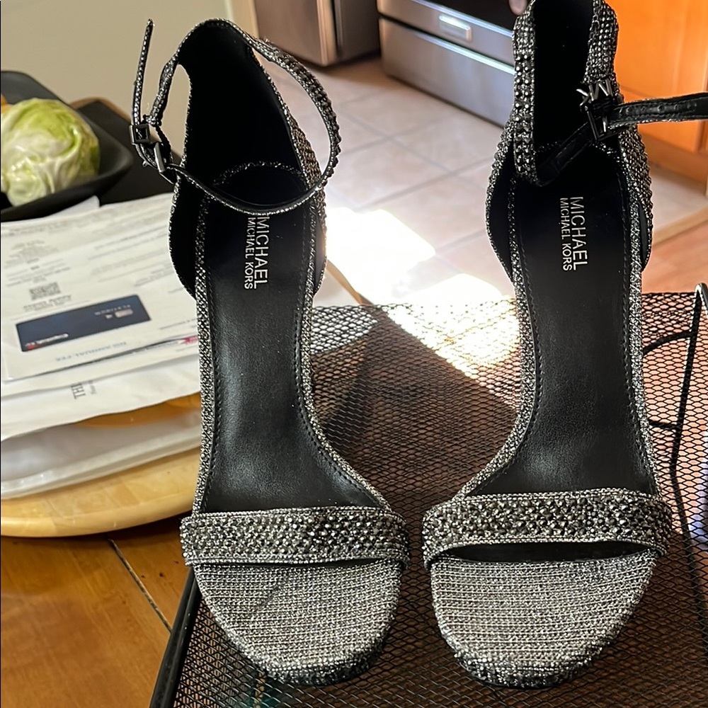 MICHAEL Michael Kors Silver Heels Stiletto Sandals. Better on a narrow foot 
.